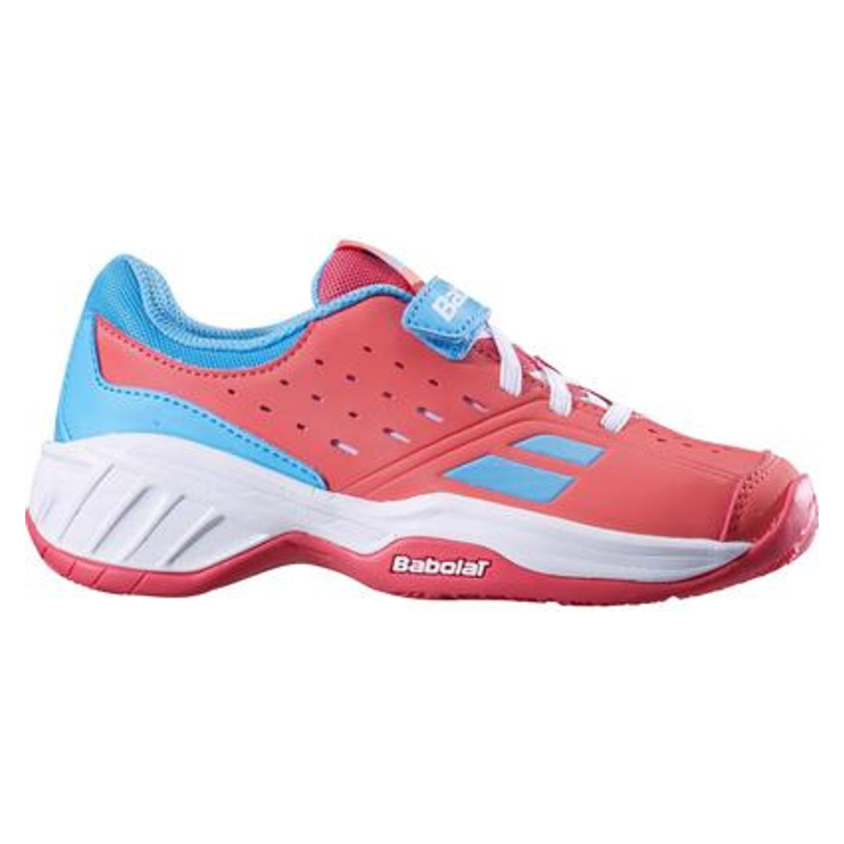 Babolat Pulsion junior rosa azzurra - vista laterale con punta verso destra
